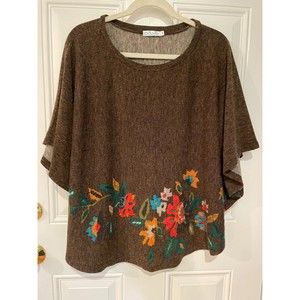 OB2-12 Size S/M Brown Floral Sweater Poncho Top, Bohemian